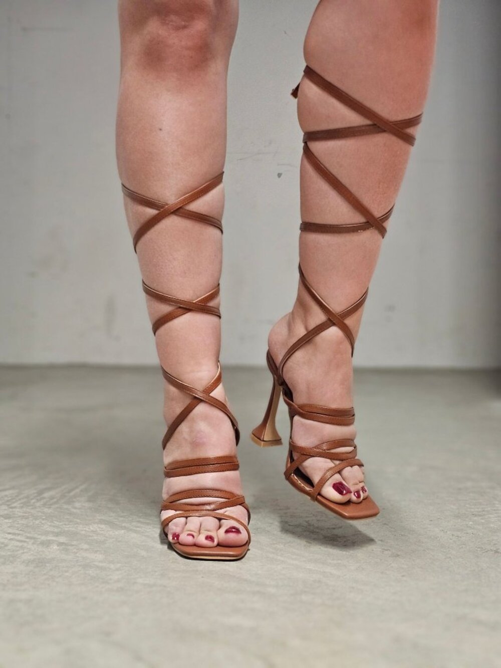 Strappy Brown Gladiator Heels With Lace-Up Design & Square Toe High Heel Sandals - Picture 2 of 16